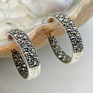 925 Sterling Silver Marcasite In & Out Hoop Earrings 1" Marked A 925 Thailand